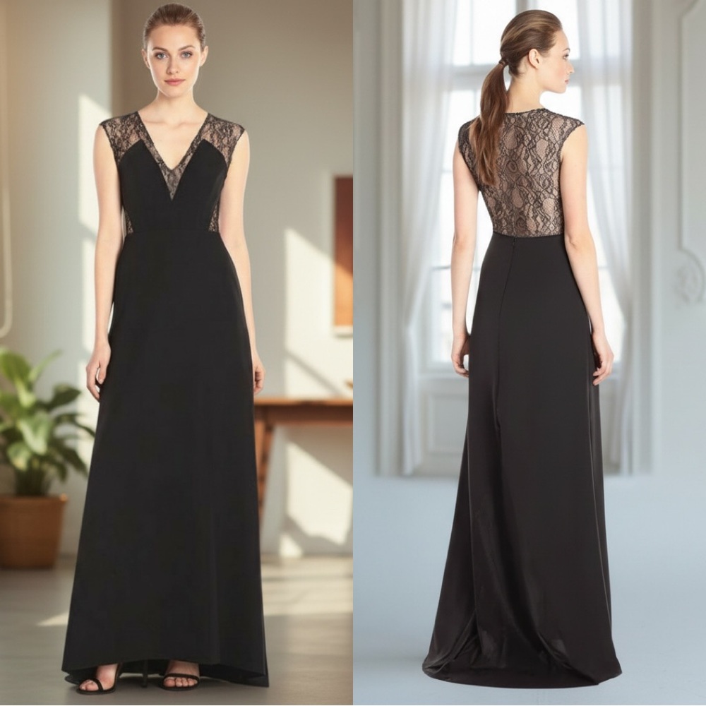 Aidan by Aidan Mattox Long Stretch Crepe Lace Inset Black Gown Size 10